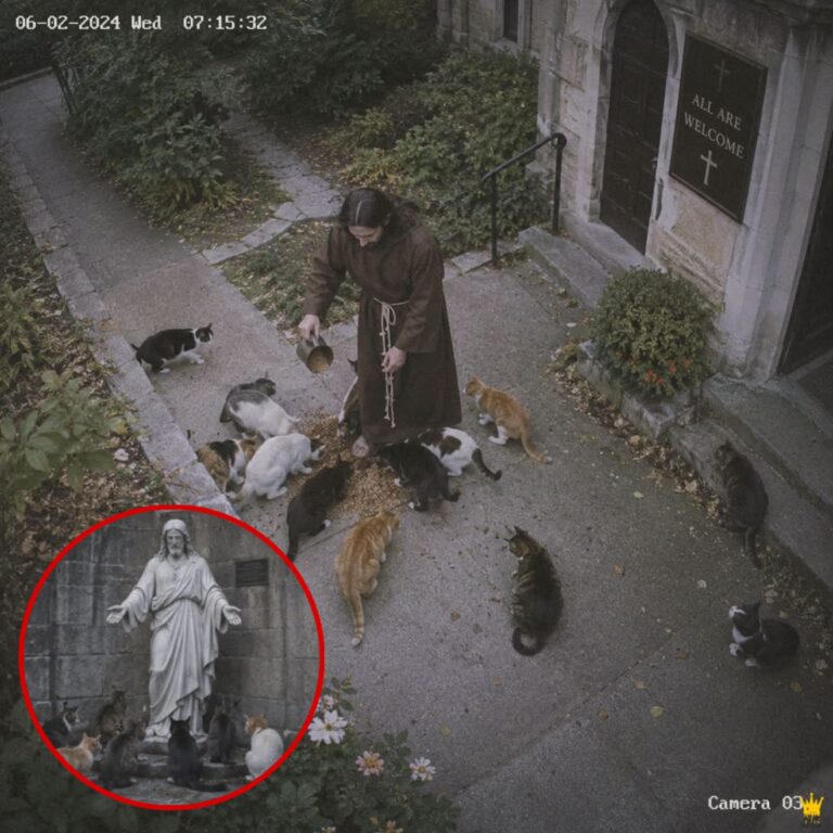 The Cats Waited by the Statue Until the Cameras Revealed Him
