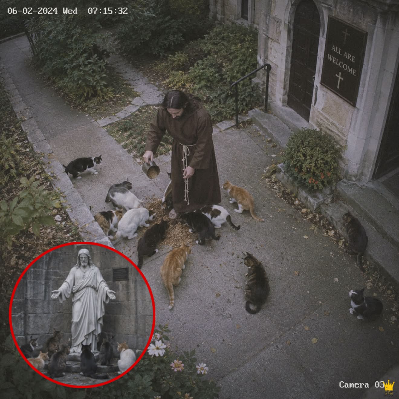 The Cats Waited by the Statue Until the Cameras Revealed Him